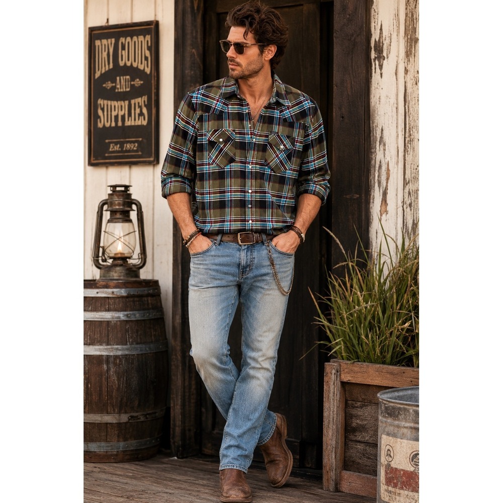 Diesel Men's Large Plaid Pearl Snap Western Shirt Olive Blue Cowboycore Y2K